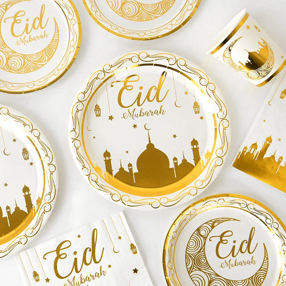 Eid Mubarak Disposable Tableware Gold Plate Cup Banner