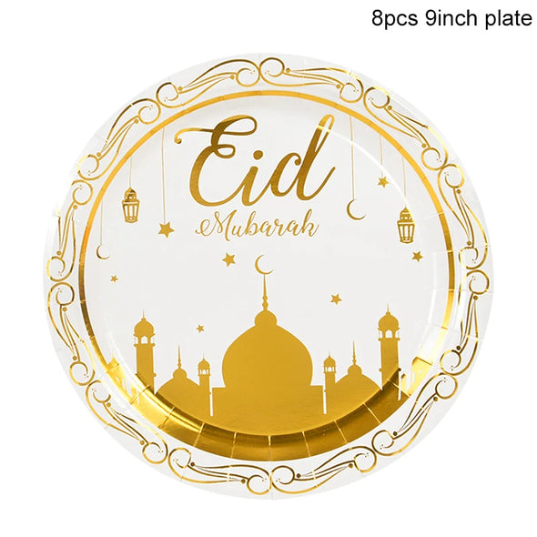 Eid Mubarak Disposable Tableware Gold Plate Cup Banner