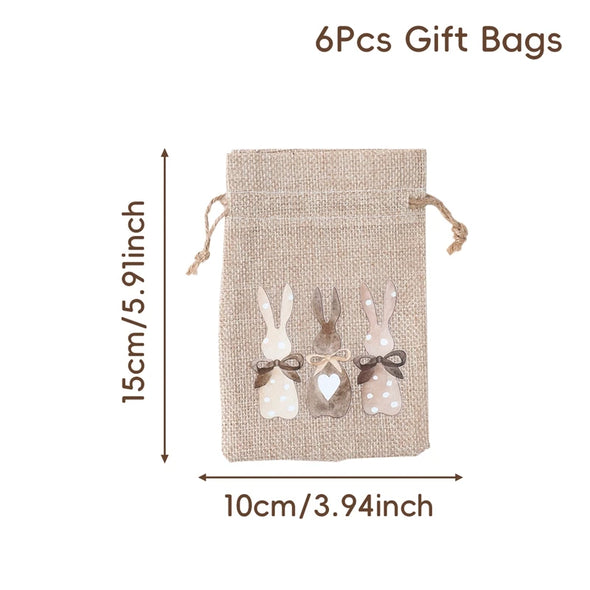 6Pcs Easter Linen Gift Bag Bunny Candy Cookie