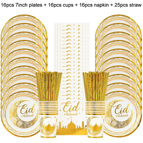 Eid Mubarak Disposable Tableware Gold Plate Cup Banner