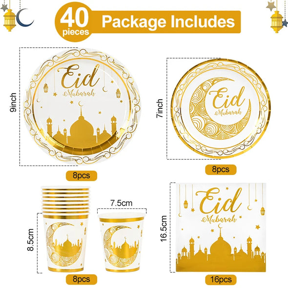 Eid Mubarak Disposable Tableware Gold Plate Cup Banner