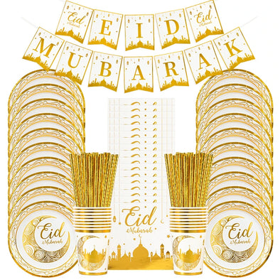 Eid Mubarak Disposable Tableware Gold Plate Cup Banner