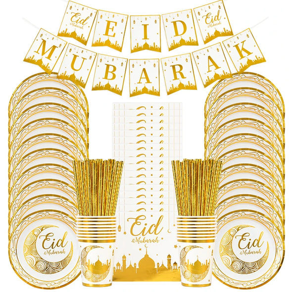 Eid Mubarak Disposable Tableware Gold Plate Cup Banner