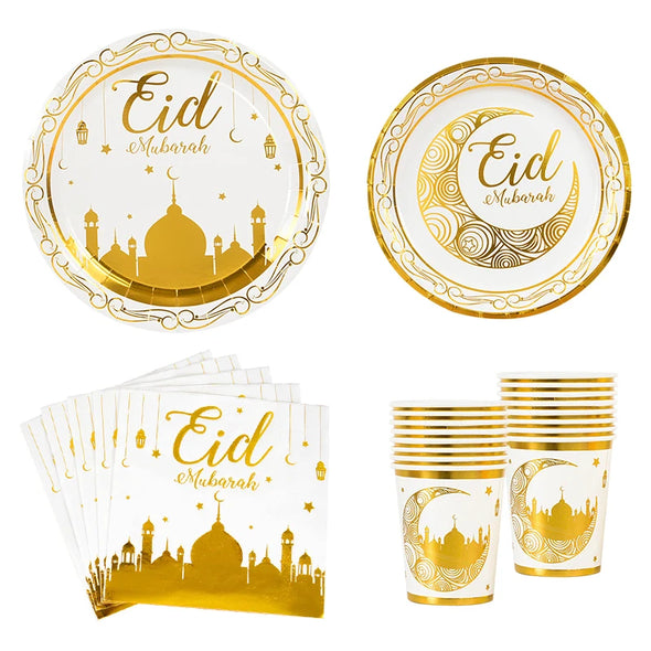 Eid Mubarak Disposable Tableware Gold Plate Cup Banner