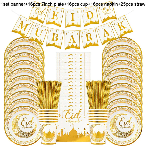 Eid Mubarak Disposable Tableware Gold Plate Cup Banner